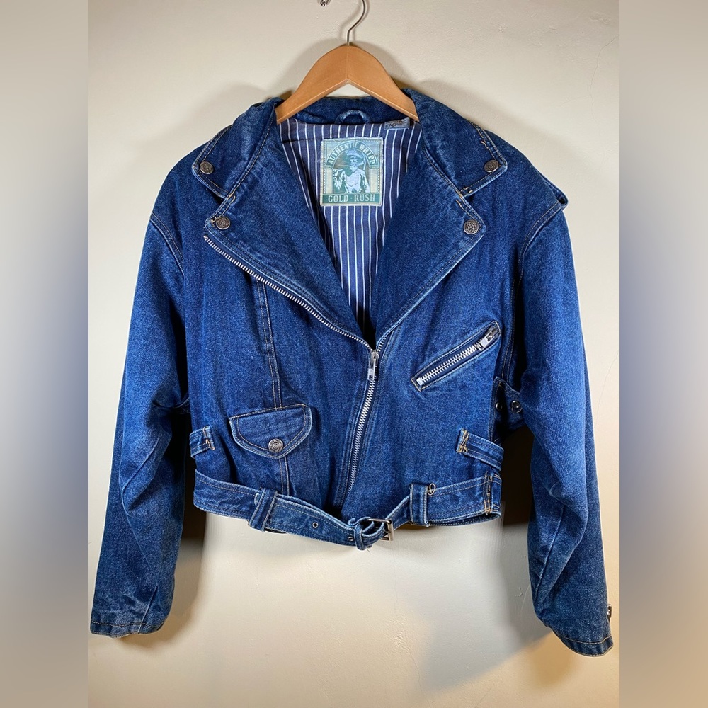 VINTAGE Crop Lined Denim Jacket Womens Small Authentic Whipp Gold Rush